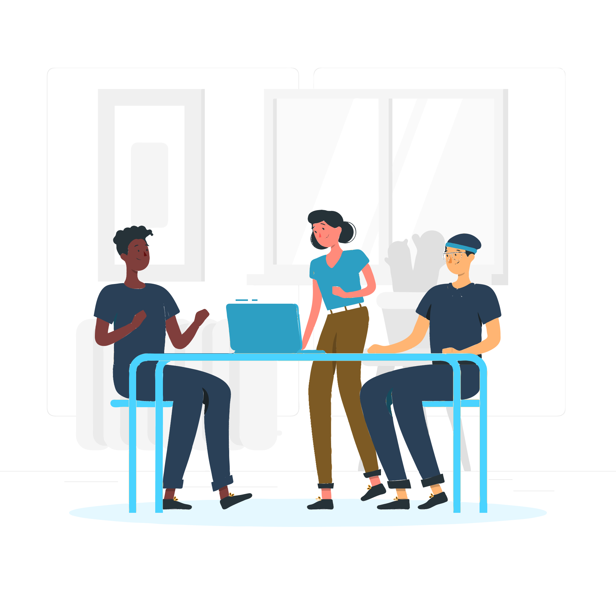 Team collaboration illustration with three individuals discussing around a laptop