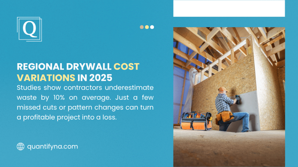 Worker installing drywall in a wooden frame, with text on 2025 regional cost variations, noting 10% waste underestimation can lead to project losses.
