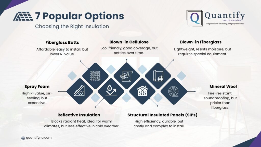 Infographic detailing 7 popular insulation options: fiberglass batts, blown-in cellulose, blown-in fiberglass, spray foam, reflective insulation, structural insulated panels (SIPs), and mineral wool.