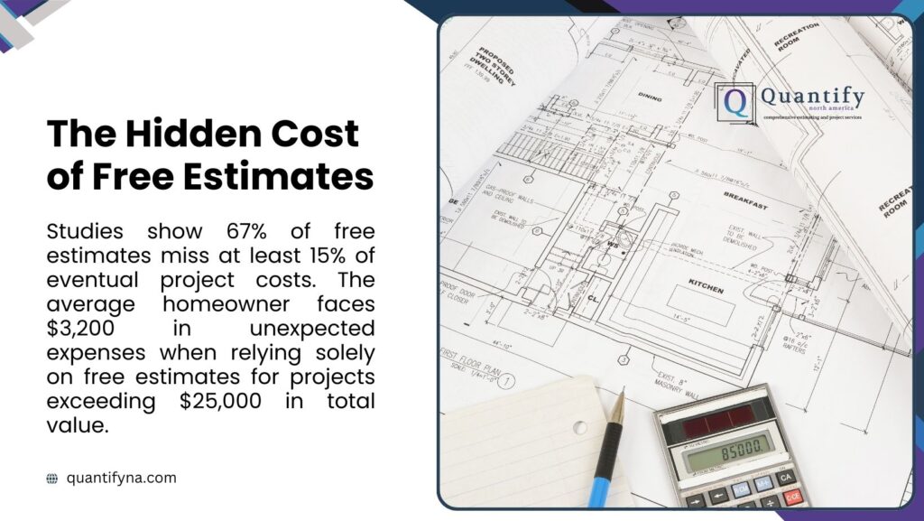 Graphic from Quantify North America warns of 'The Hidden Cost of Free Estimates.' A blueprint, pen, and calculator with a number on display are visualized to show 67% of free estimates miss at least 15% of eventual project costs, with homeowners facing an average of $3,200 in unexpected expenses, promoting comprehensive estimating services as a solution.