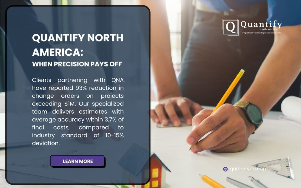 Advertisement for Quantify North America, highlighting their expertise as project estimation experts. The image features someone working on a construction blueprint, accompanied by the phrase "When Precision Pays Off" and statistics showcasing a 93% reduction in change orders on projects exceeding $1M for their clients, promoting accurate and reliable estimates, learn more.