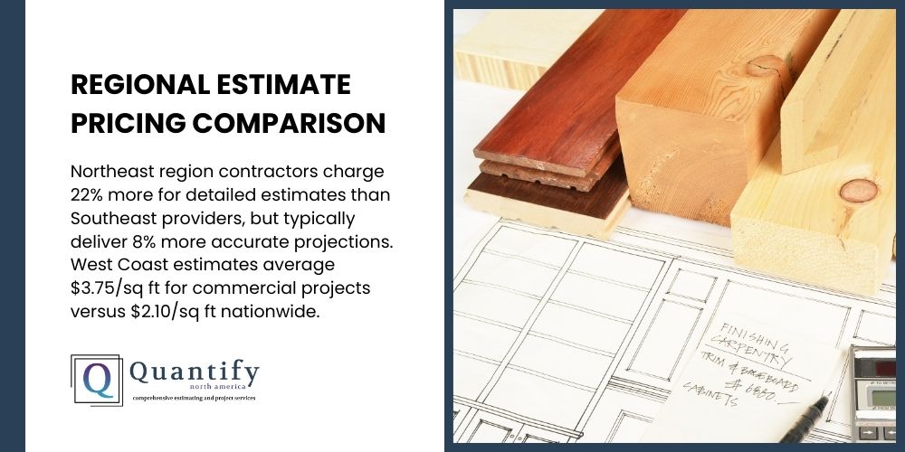 Infographic from Quantify North America presenting 'Regional Estimate Pricing Comparison'. The images shows various types of wood. Highlights the pricing discrepancies across different U.S. regions for construction estimates, with insights on pricing and accuracy levels to aid construction projects in the North East, South East and West.