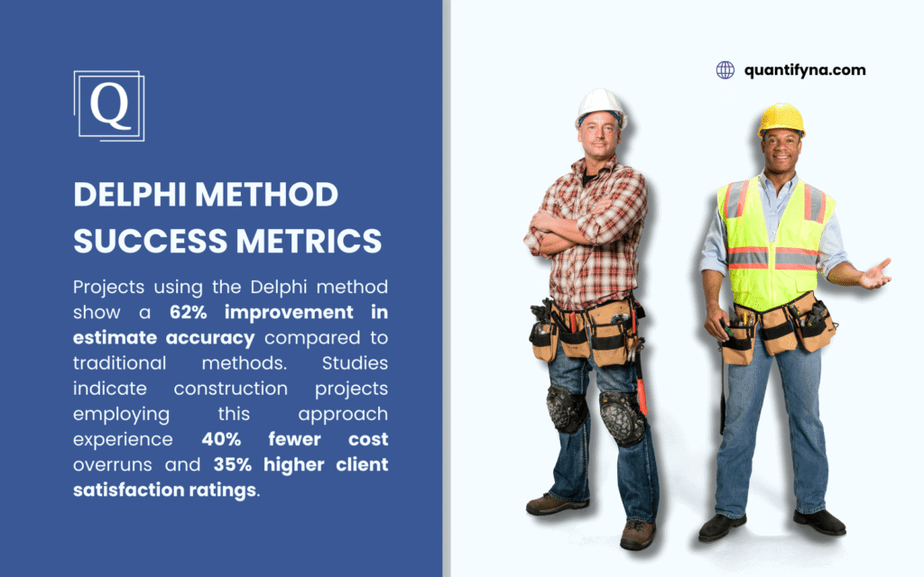 Two construction workers in safety gear stand beside a blue panel detailing Delphi Method Success Metrics: 62% better estimate accuracy, 40% fewer cost overruns, and 35% higher client satisfaction in construction projects.