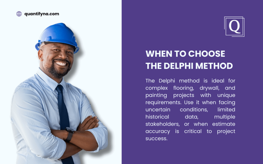 A construction manager in a blue hard hat stands beside a purple panel explaining "When to Choose the Delphi Method." It's ideal for complex flooring, drywall, and painting projects with unique requirements, limited data, or when accuracy is critical.