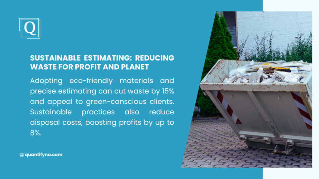 Image promoting sustainable estimating, featuring a dumpster filled with waste, with text highlighting eco-friendly materials and precise estimating reducing waste by 15% and boosting profits by up to 8%.