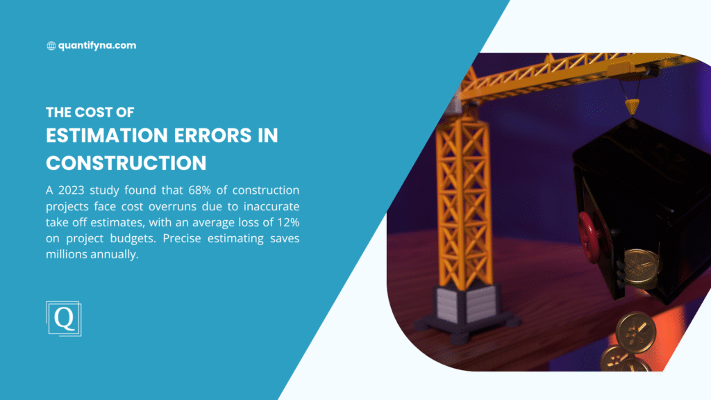 A construction crane lifts a safe with coins, symbolizing cost overruns. Text highlights a 2023 study: 68% of projects face budget issues due to poor estimation, costing 12% extra.