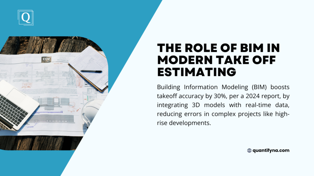 A laptop and blueprints on a wooden surface, with text explaining BIM's role in takeoff estimating, improving accuracy by 30% per a 2024 report, reducing errors in complex projects.
