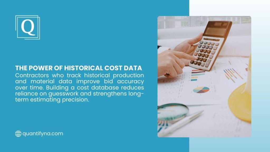 How to Estimate Large Commercial Flooring Projects Without Losing Your Shirt 3 Infographic on the power of historical cost data in construction, showing contractor using calculator with charts analyzing production and material costs.