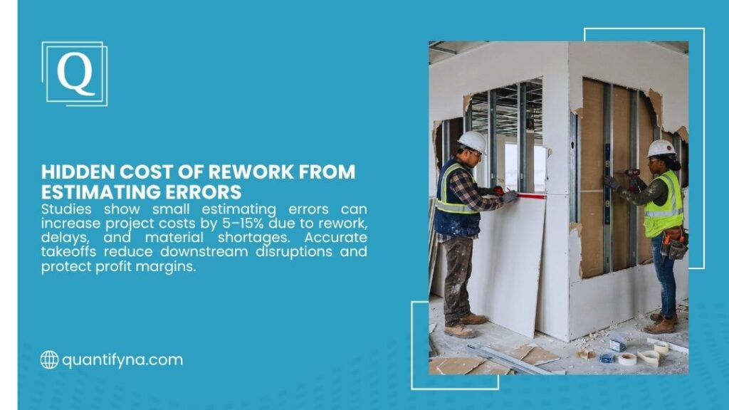 Outsourcing Drywall Estimating Costs: Contractor Pricing Guide 1 Hidden Cost of Rework from Estimating Errors. Two construction workers in hard hats and safety vests installing a large drywall panel on metal framing inside a building under construction, using tools and a level.