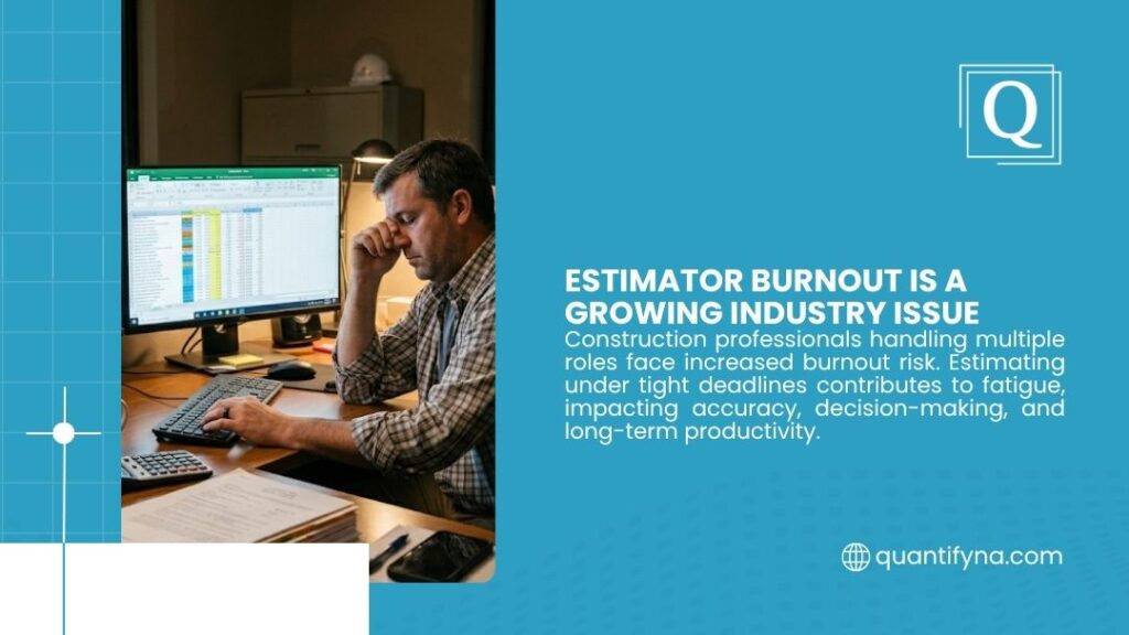 Outsourcing Painting Estimating Benefits: What Contractors Actually Gain 3 Stressed construction estimator at desk with hand on forehead, working late on computer spreadsheets showing estimator burnout.