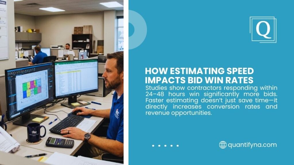 Contractor using estimating software at desk — how estimating speed impacts bid win rates and increases contractor revenue opportunities.