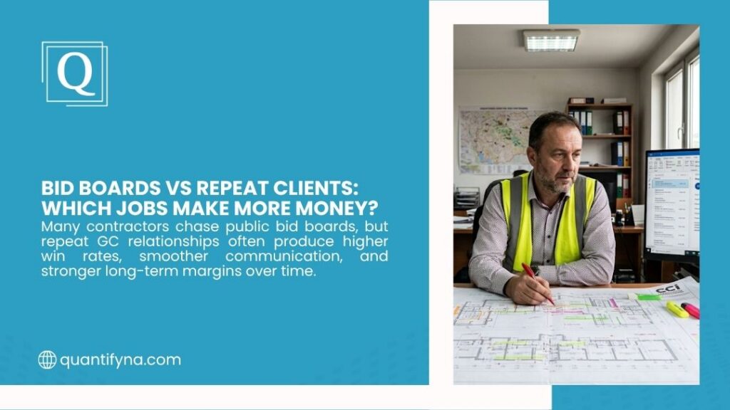 How to Prioritize Which Jobs to Bid Without Wasting Estimating Hours 1 Quantifyna infographic "Bid Boards vs Repeat Clients: Which Jobs Make More Money?" showing a contractor in safety vest reviewing blueprints and plans at his desk.