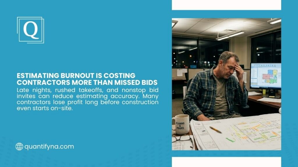 How to Prioritize Which Jobs to Bid Without Wasting Estimating Hours 2 Quantifyna infographic "Estimating Burnout Is Costing Contractors More Than Missed Bids" showing a tired contractor with hand on head reviewing blueprints late at night in his office.