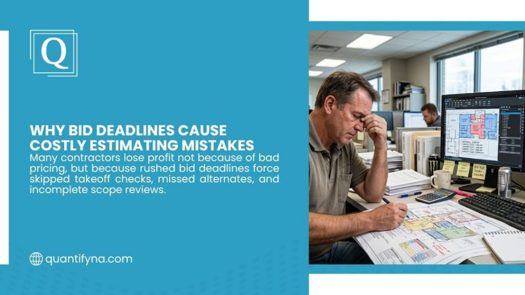 "Why Bid Deadlines Cause Costly Estimating Mistakes" showing a stressed man at his desk reviewing blueprints and construction plans on computer and paper.