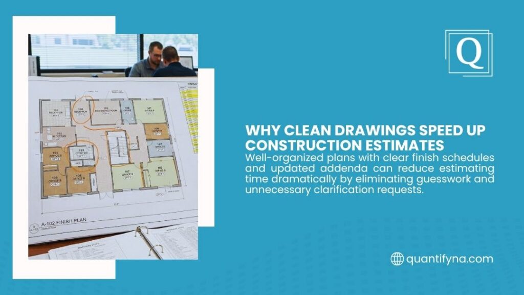 An architectural floor plan with clear annotations lies open on a desk, showing why clean drawings speed up construction estimates by removing guesswork for estimators.