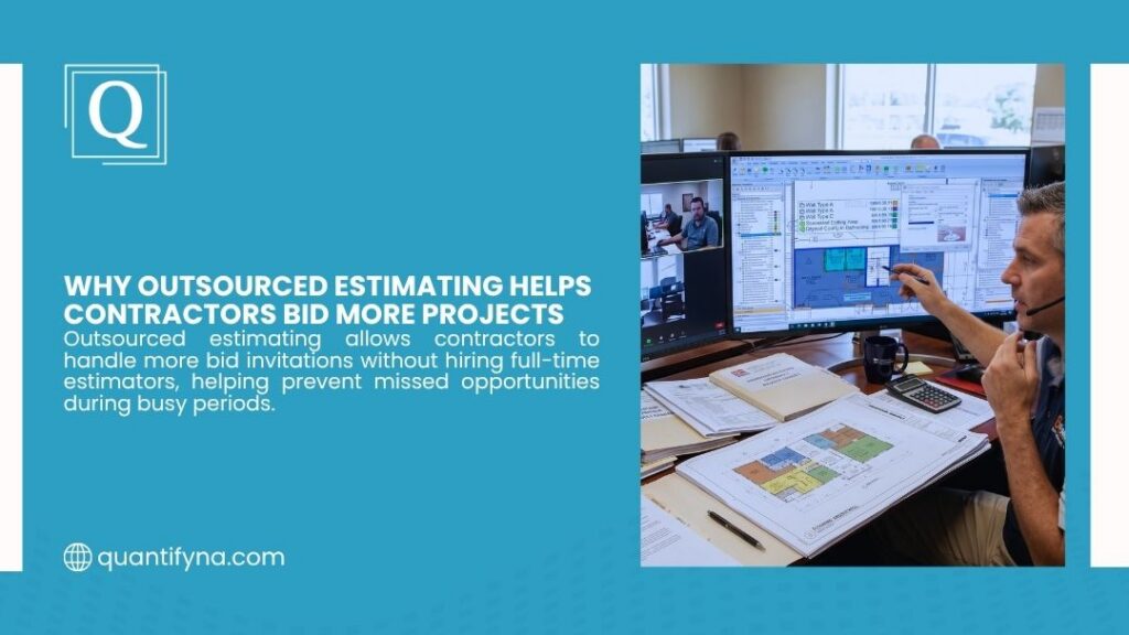 An estimator analyzes digital blueprints on a dual-monitor setup, explaining why outsourced estimating helps contractors bid more projects by expanding their capacity during busy periods.
