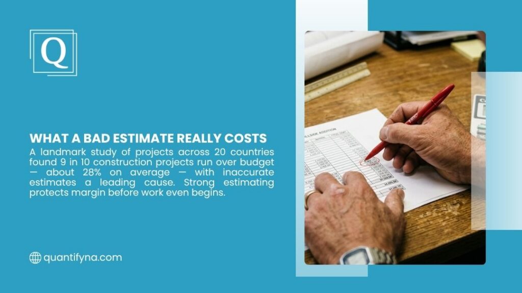 Finding Qualified Estimators Without Costly Hiring Mistakes 2 Hands marking up a construction estimate worksheet with a red pen, showing how a bad estimate drives projects over budget.