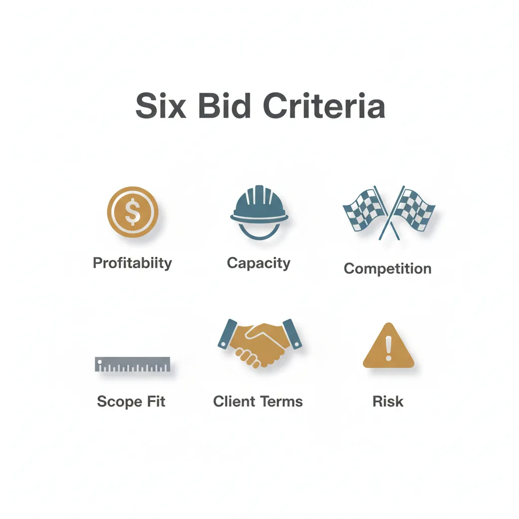 Bid No-Bid Decision Criteria: A Margin-Safe Framework 1 Infographic of the six core bid no-bid decision criteria with icons and short labels