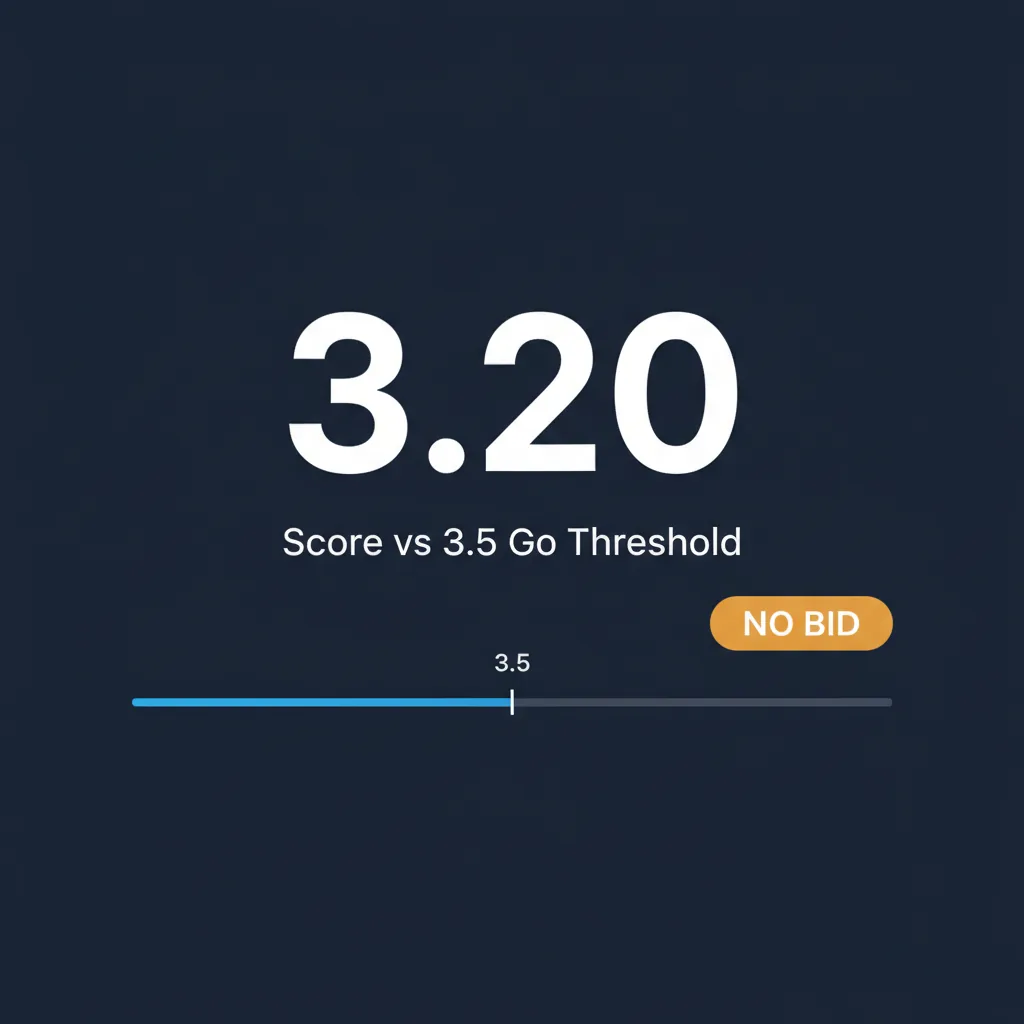 Bid No-Bid Decision Criteria: A Margin-Safe Framework 2 Stat card showing a project scoring 3.20 against a 3.5 go threshold, resulting in a no-bid