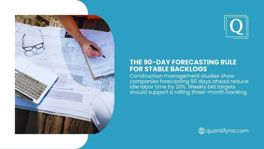 Quantify graphic on the 90 day forecasting rule, hand marking blueprints beside laptop, glasses and hard hat