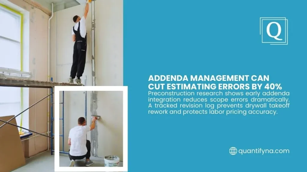 How to Bid Drywall Jobs Faster Without Sacrificing Accuracy 2 Quantify graphic on addenda management, workers on scaffolding and kneeling applying compound to interior walls