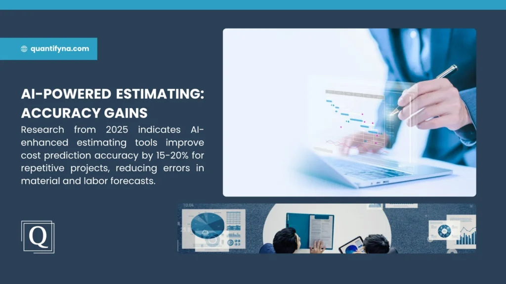 Graphic of a person with a pen at a laptop showing charts, with text on AI powered estimating accuracy gains