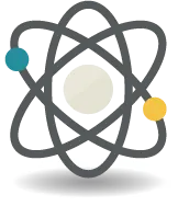 Flat illustration icon of an atom with gray orbit rings and teal and yellow electrons