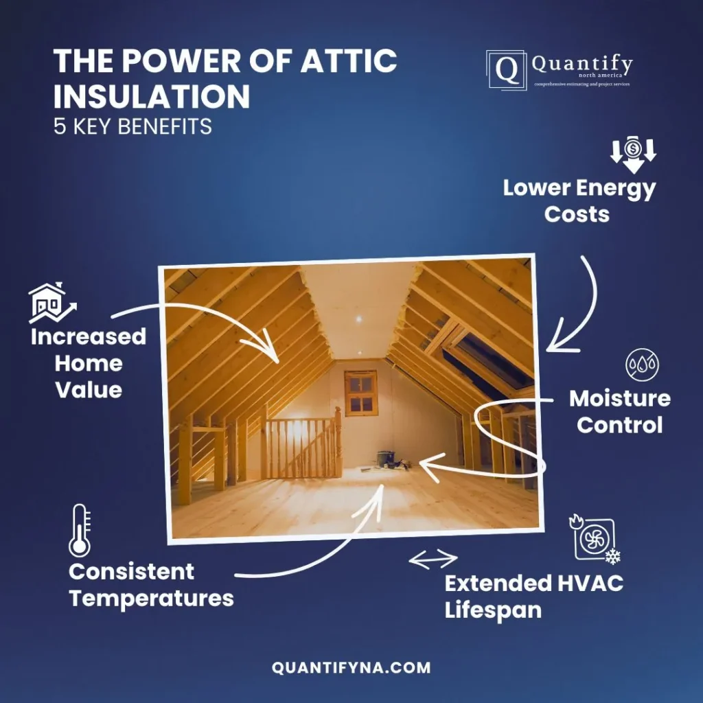 How Much Does It Cost to Insulate an Attic?(Contractor's Guide, Accurate Estimating) 2 Infographic showing five key benefits of attic insulation around a photo of a finished wooden attic space