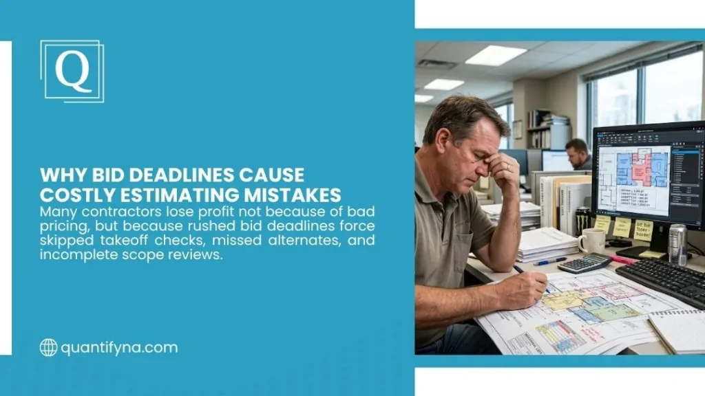 Quantify graphic on bid deadlines, showing a stressed man rubbing his eyes while marking up colored floor plans