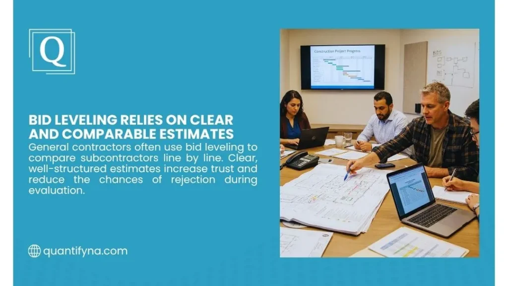 Quantify graphic on bid leveling, team at conference table reviewing drawings with laptops and project progress screen