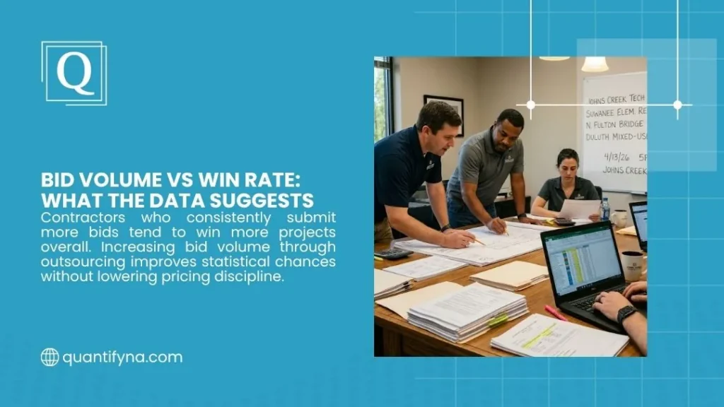 Quantify graphic on bid volume versus win rate, showing a team reviewing plans and documents at a table