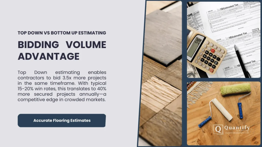 Top Down vs Bottom Up Estimating: Understanding the Strategic Approaches for Construction Projects 4 Bidding volume advantage graphic with wood flooring samples, calculator on tax forms, and paint rollers on parquet floor