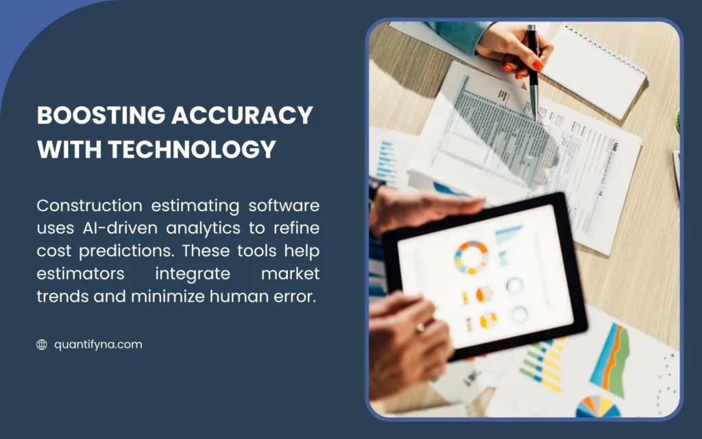 Top Down Estimating: A Comprehensive Guide for Construction Professionals 9 Boosting accuracy with technology graphic showing hands holding a tablet with charts over printed financial documents