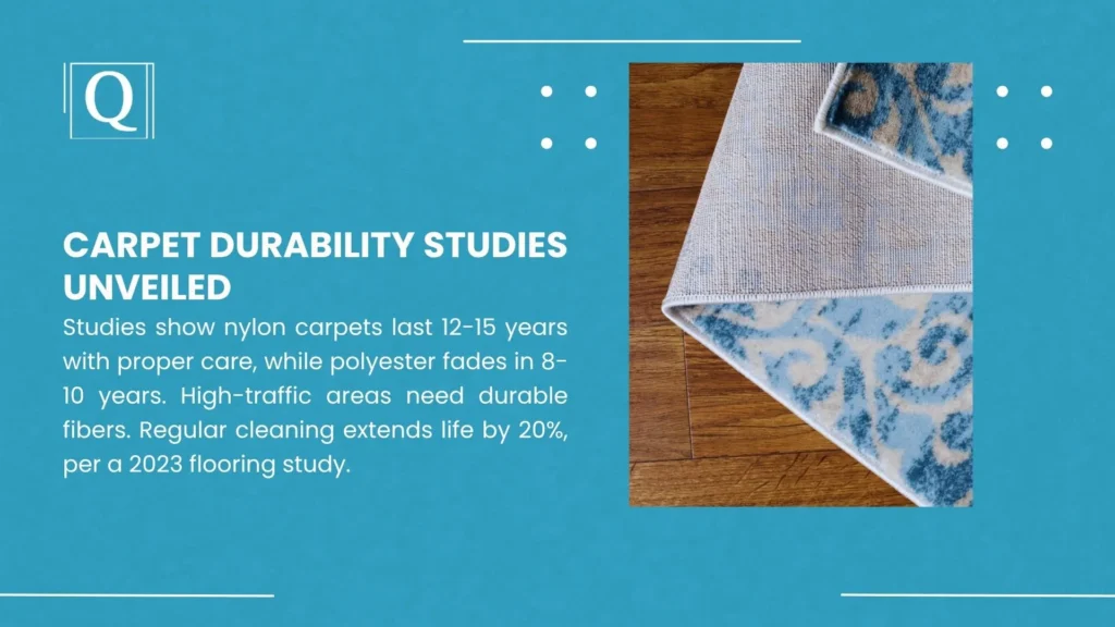 Folded corner of a blue and cream patterned rug on a wood floor, carpet durability studies graphic