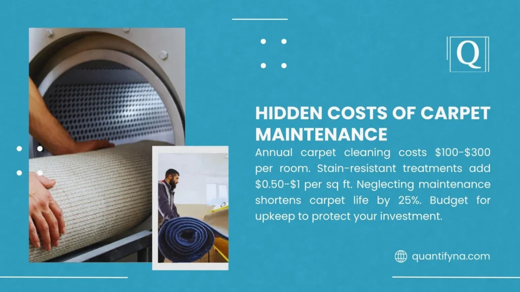 Hands feeding a rolled carpet into a perforated drum machine beside a worker rolling a blue rug, maintenance costs graphic