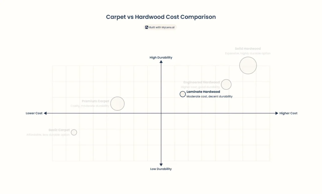 Carpet vs Hardwood Cost: Which Flooring Option Fits Your Budget? 1 Chart comparing carpet and hardwood flooring options by cost and durability, from basic carpet to solid hardwood