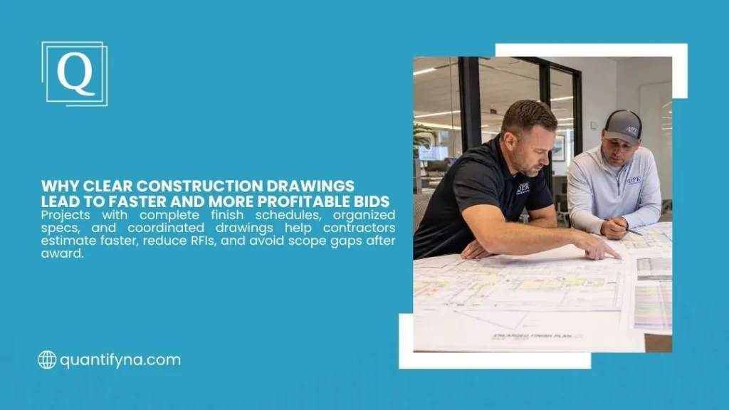 Quantify graphic on clear construction drawings, showing two men reviewing an enlarged finish plan at a table