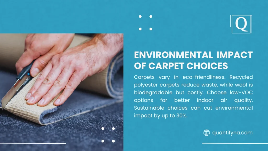 Hands cutting the backing of a rolled gray carpet with a utility knife, on an environmental impact graphic