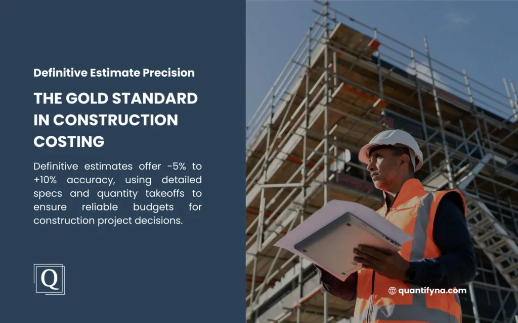 Definitive estimate graphic with a construction worker in a hard hat and orange vest holding plans before scaffolding