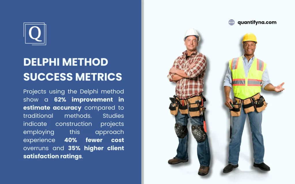 The Delphi Method: A Precise Approach to Construction Estimating 4 Graphic titled Delphi Method Success Metrics beside two construction workers in hard hats and tool belts