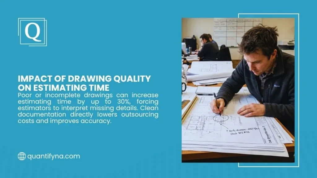 Quantify graphic on drawing quality and estimating time, showing a man marking notes on architectural blueprints