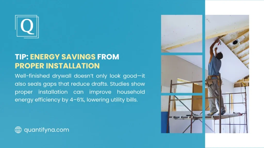 Labor Cost to Hang and Finish Drywall: A Full Pricing Guide 1 Blue graphic with drywall energy savings tip beside photo of worker hanging ceiling drywall on scaffold