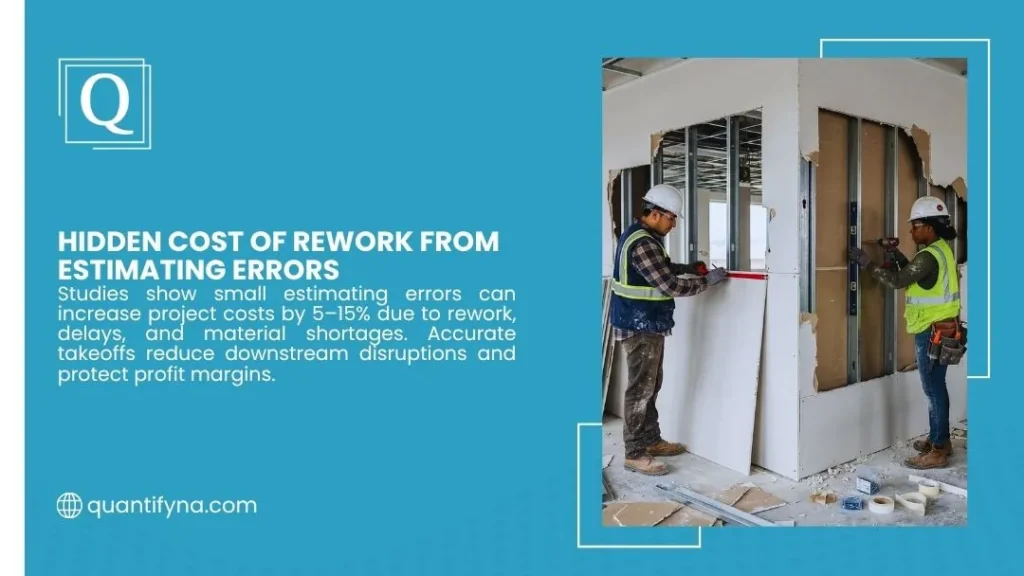 Quantify graphic on hidden rework costs, two workers in hard hats installing drywall panels on metal studs