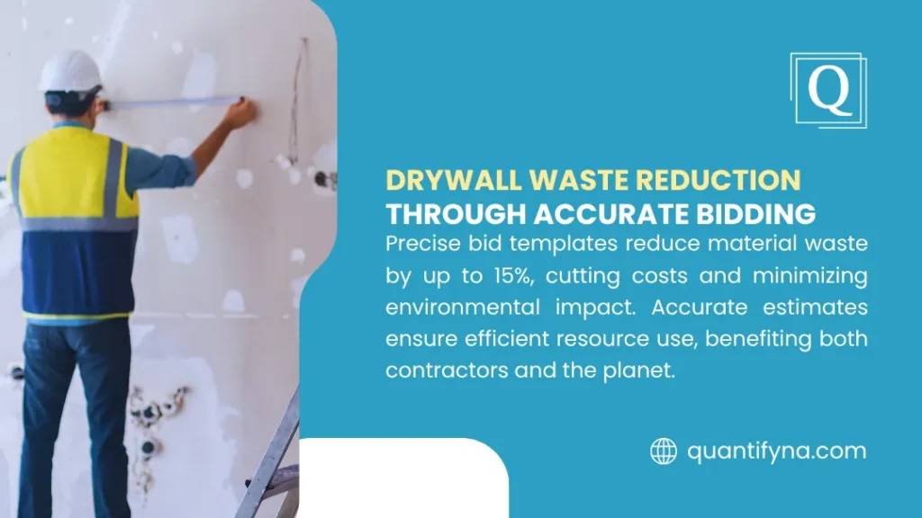 Drywall Bid Template: A Full Guide to Professional Proposals 2 Infographic on drywall waste reduction, showing a worker in hard hat and safety vest measuring a wall