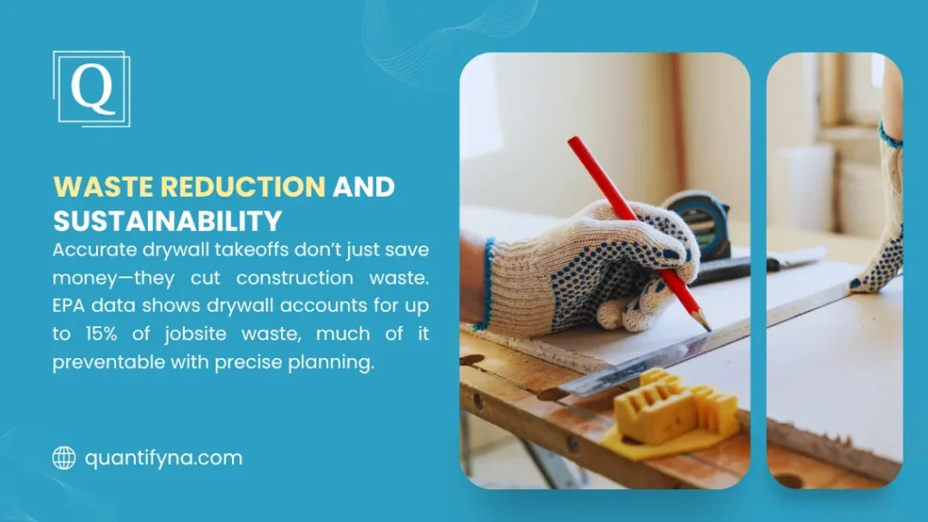 Drywall Takeoff: How to Calculate Materials Accurately 2 Waste reduction and sustainability infographic showing a gloved hand marking drywall with a red pencil and ruler