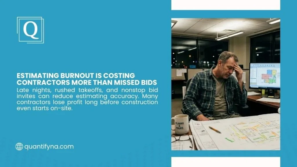 Quantify graphic on estimating burnout, showing a tired man holding his head over floor plans at night