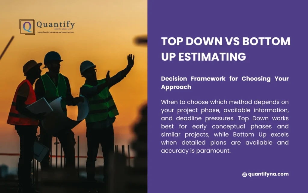 Top Down vs Bottom Up Estimating: Understanding the Strategic Approaches for Construction Projects 2 Silhouetted construction workers in hard hats at sunset beside text on choosing top down or bottom up estimating