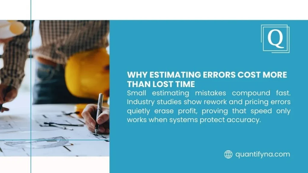 Quantify graphic titled Why Estimating Errors Cost More Than Lost Time, with a worker marking construction plans