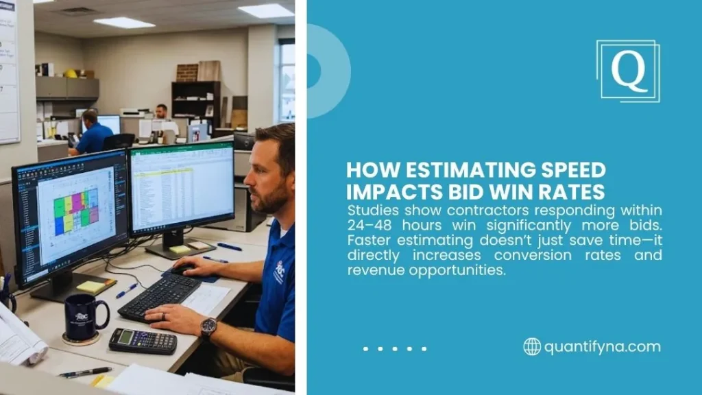 Quantify graphic on estimating speed and bid win rates, showing an estimator viewing a floor plan on dual monitors