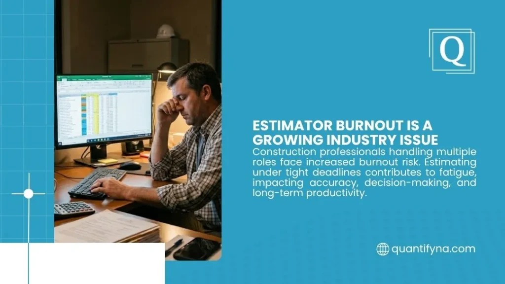 Quantify graphic on estimator burnout, showing a tired man rubbing his eyes at a computer spreadsheet late